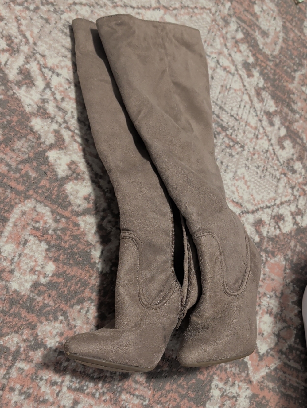Shoe Dazzle Taupe Suede Over-the-Knee Wedge Boots